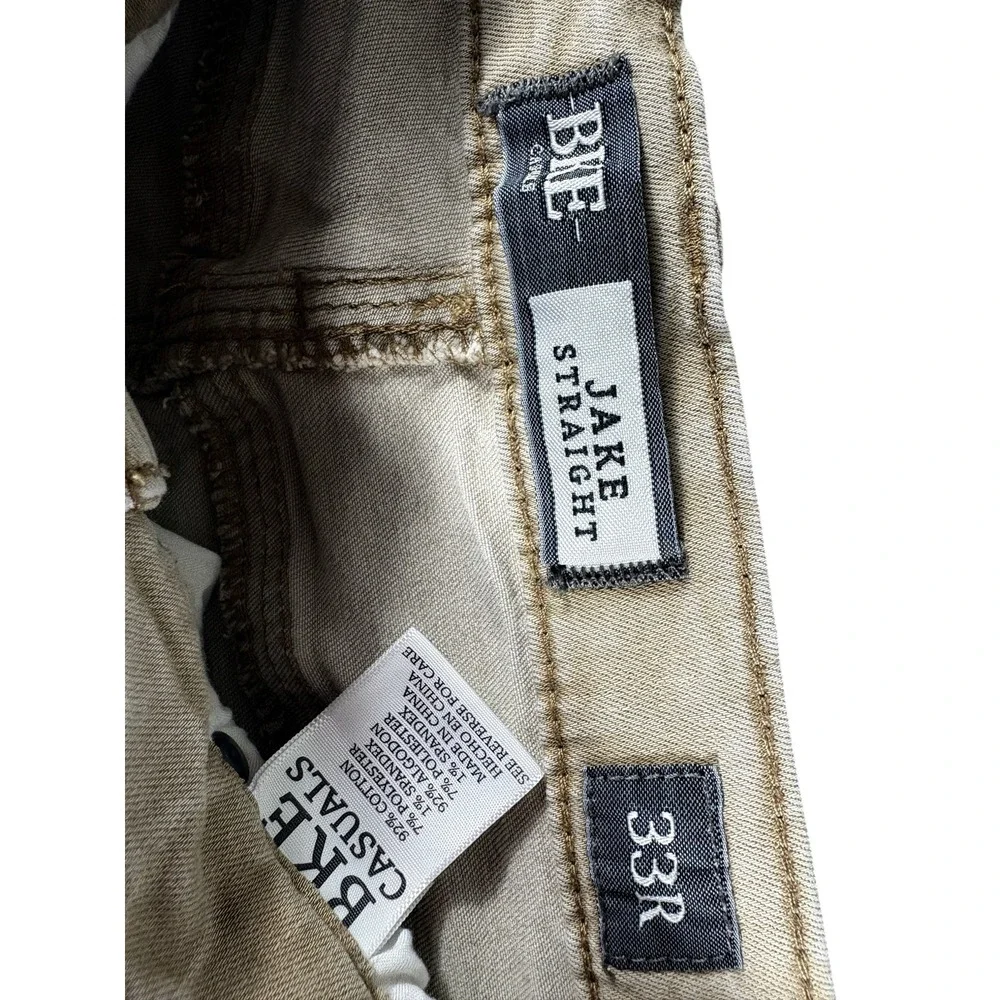 BKE Casuals Jake Straight Jeans Mens 33R Tan Khaki Denim Faded Rugged Workwear